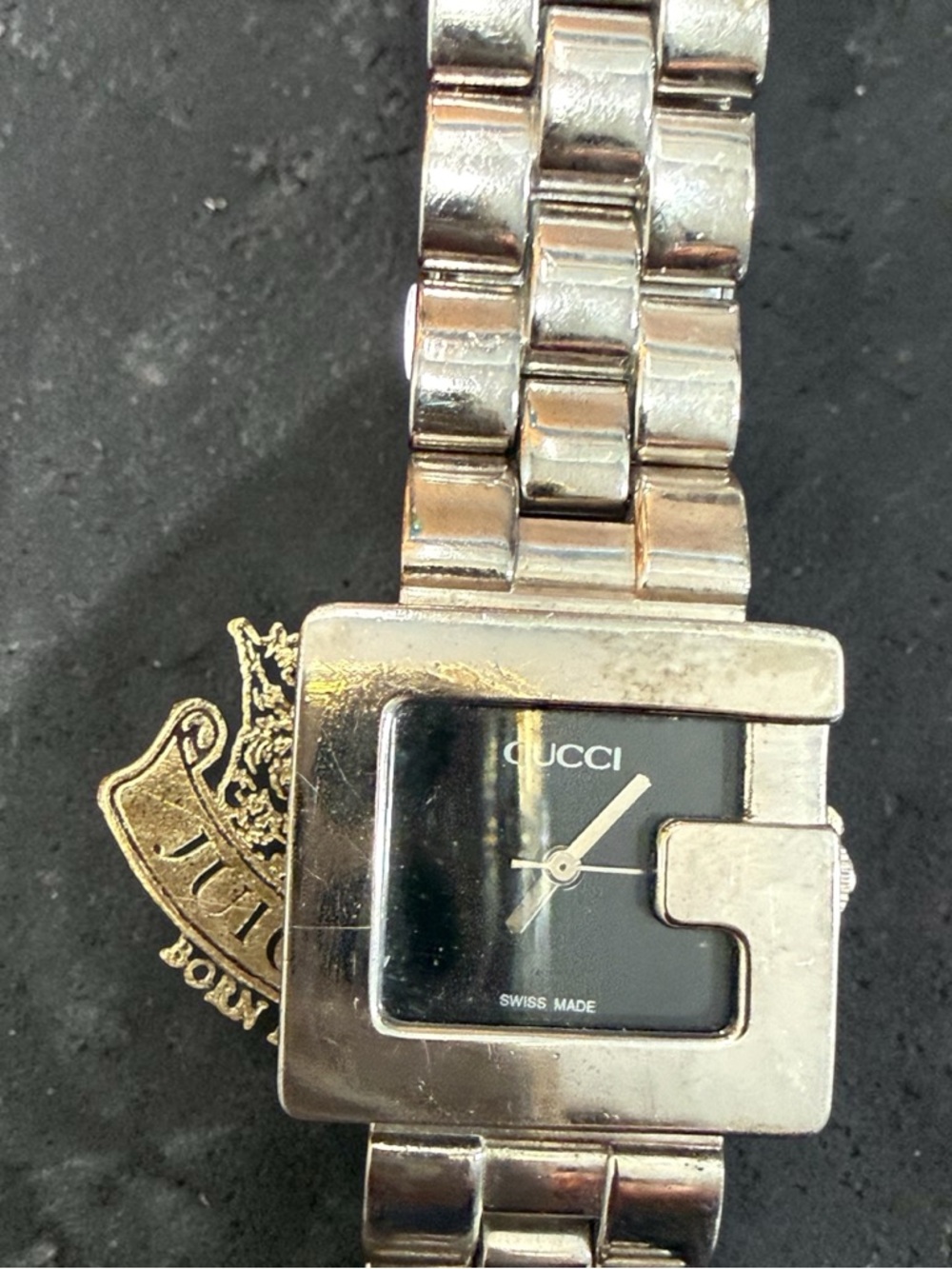 Gucci Silver Bracelet Watch with Black Dial and G-Frame